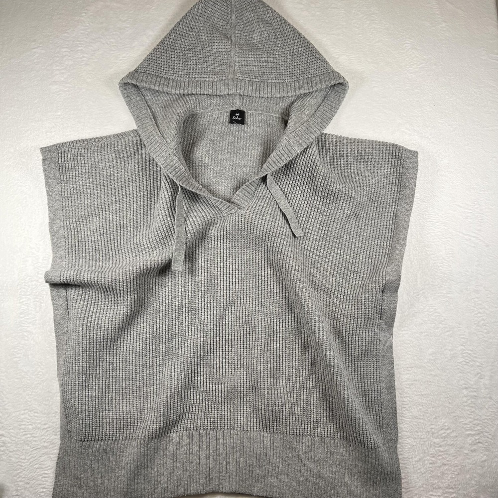 Echo‎ Sweater Pancho Womens Medium Gray Hooded Ribbed Knit V Neck Pullover